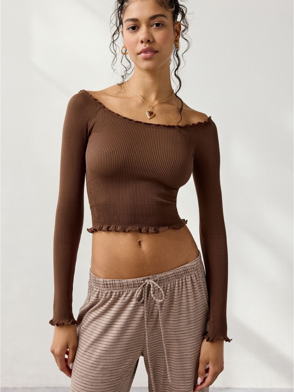 Urban Outfitters Brown Seamless Ribbed Off-Shoulder Long Sleeve Crop Top